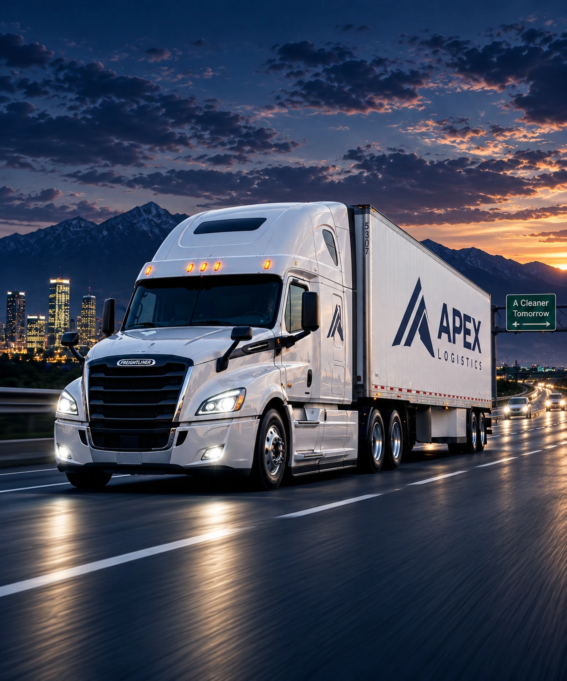 Illustrative North American truck transport at dusk