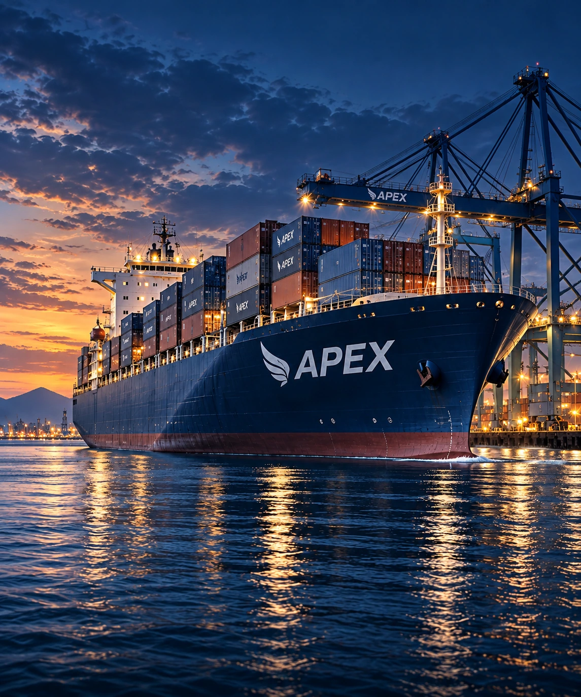 Illustrative container ship and port at sunset
